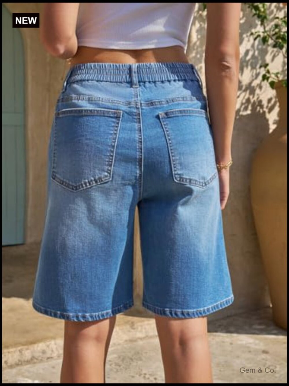 Women's Elastic Waisted Bermuda Jean Shorts Long Denim Jorts Knee Length Baggy - Picture 3 of 7